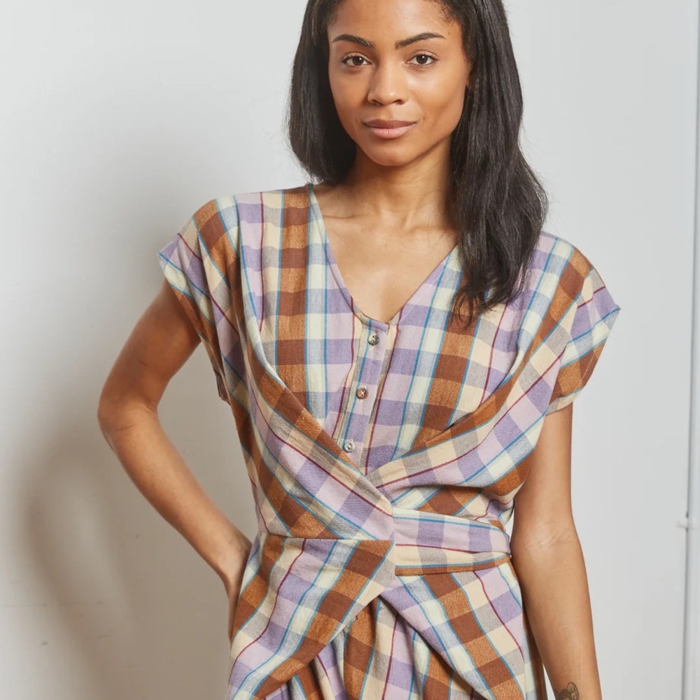 Plaid V-Neck Jumpsuit in Brown & Lavender - Picture 2 of 8